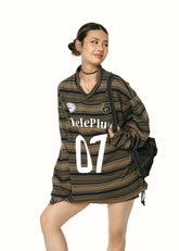 V-neck jersey long-sleeved T-shirt college style